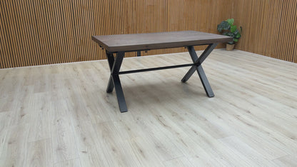 Video content detailing the structure and dark finish of the 'Mars' 150cm Dining Table.