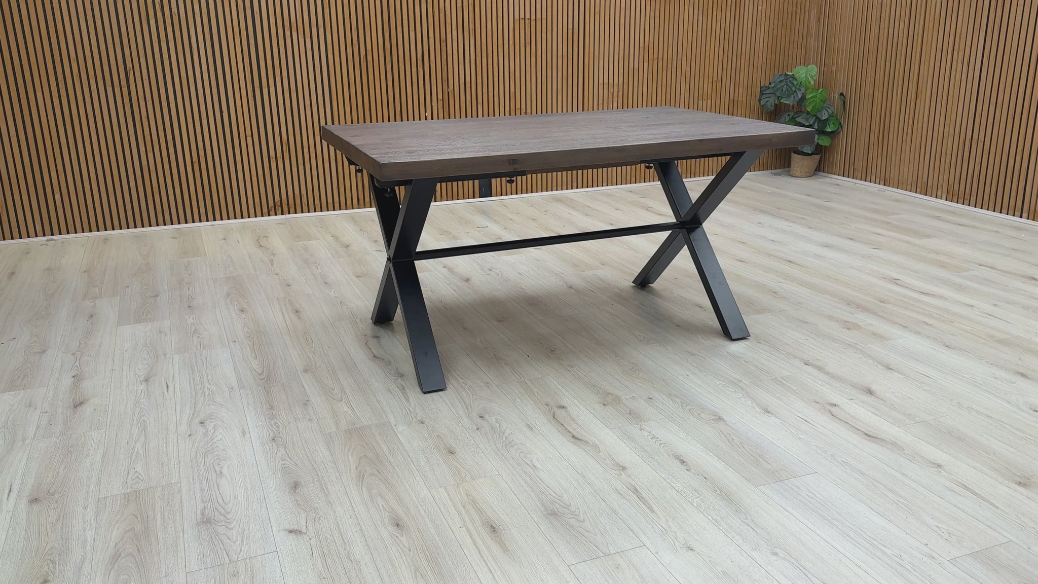 Video content detailing the structure and dark finish of the 'Mars' 150cm Dining Table.