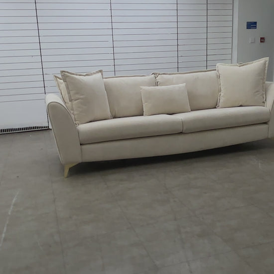 Video of size, fabric, and design features of the 'Luella' Soft Sherpa Natural Mix Grande Sofa.