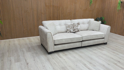 ‘Mariah’ Dapple Cream-Tri Brass Insert Velvet Classic Back 4 Seater Split Frame Sofa