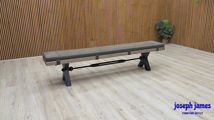 Bodahl ‘Njord' 8 Vintage Grey Solid Oak 220cm Dining Bench with Metal X Shaped Legs + Steel Grey Bench Pad
