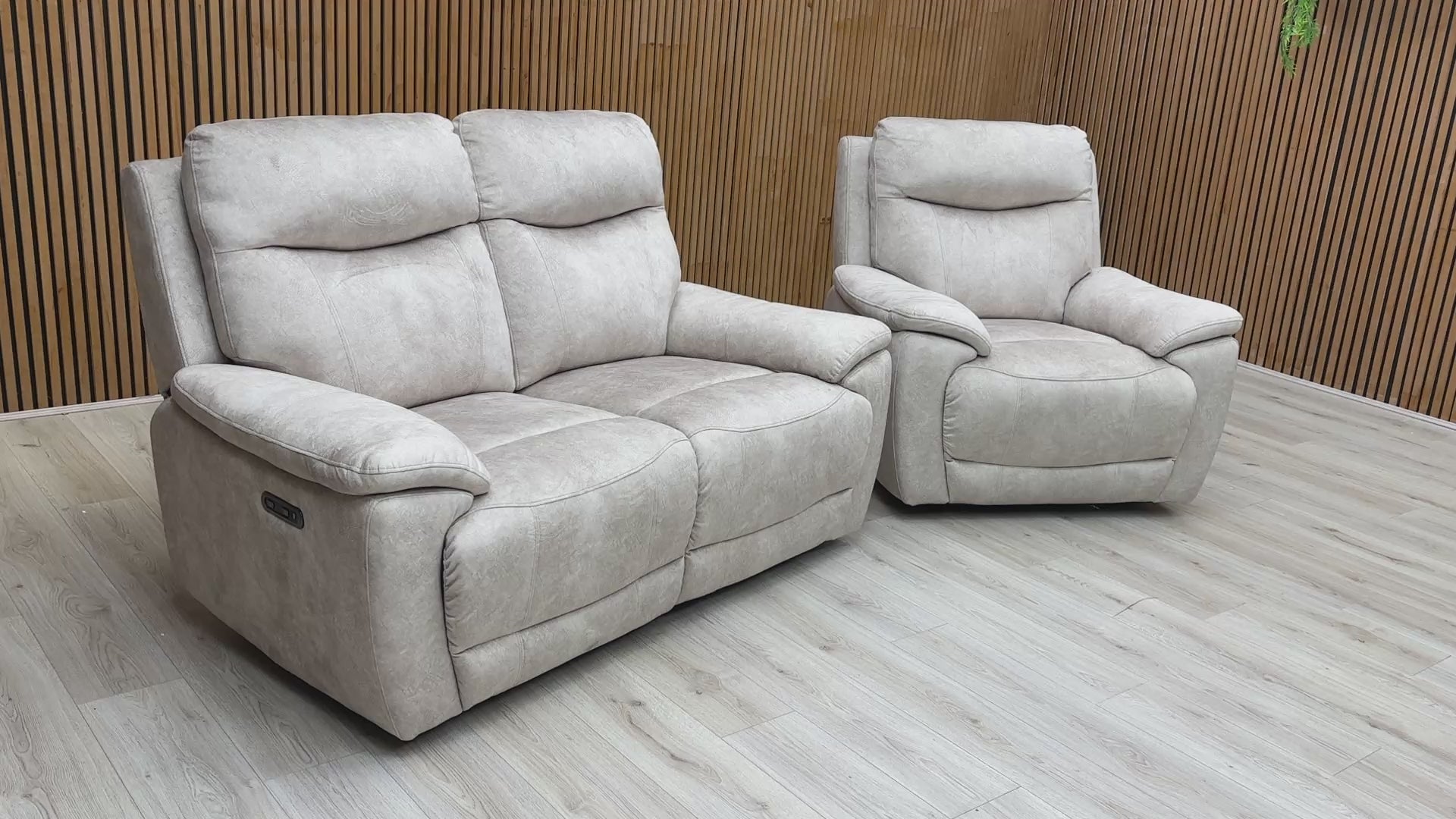  Video 'Sloane' Power Recliner Set, highlighting the comfortable high backs and contemporary style.