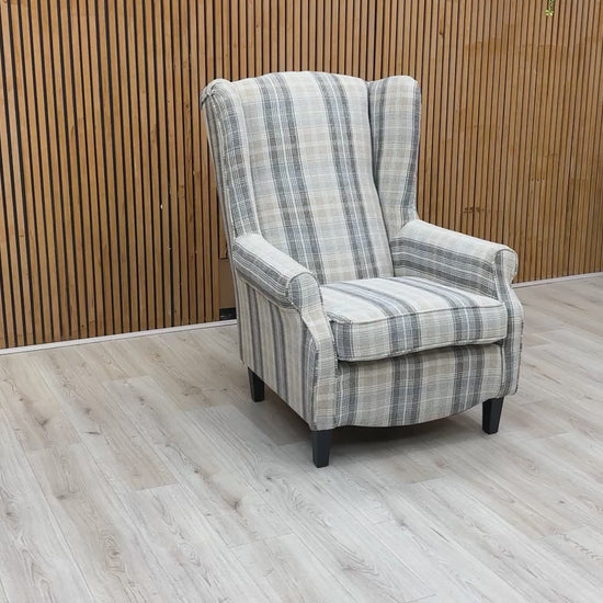 Product video tour of the ‘Shirley’ Taupe and Grey Accent Chair, demonstrating the fabric texture, high back support, and overall build quality.