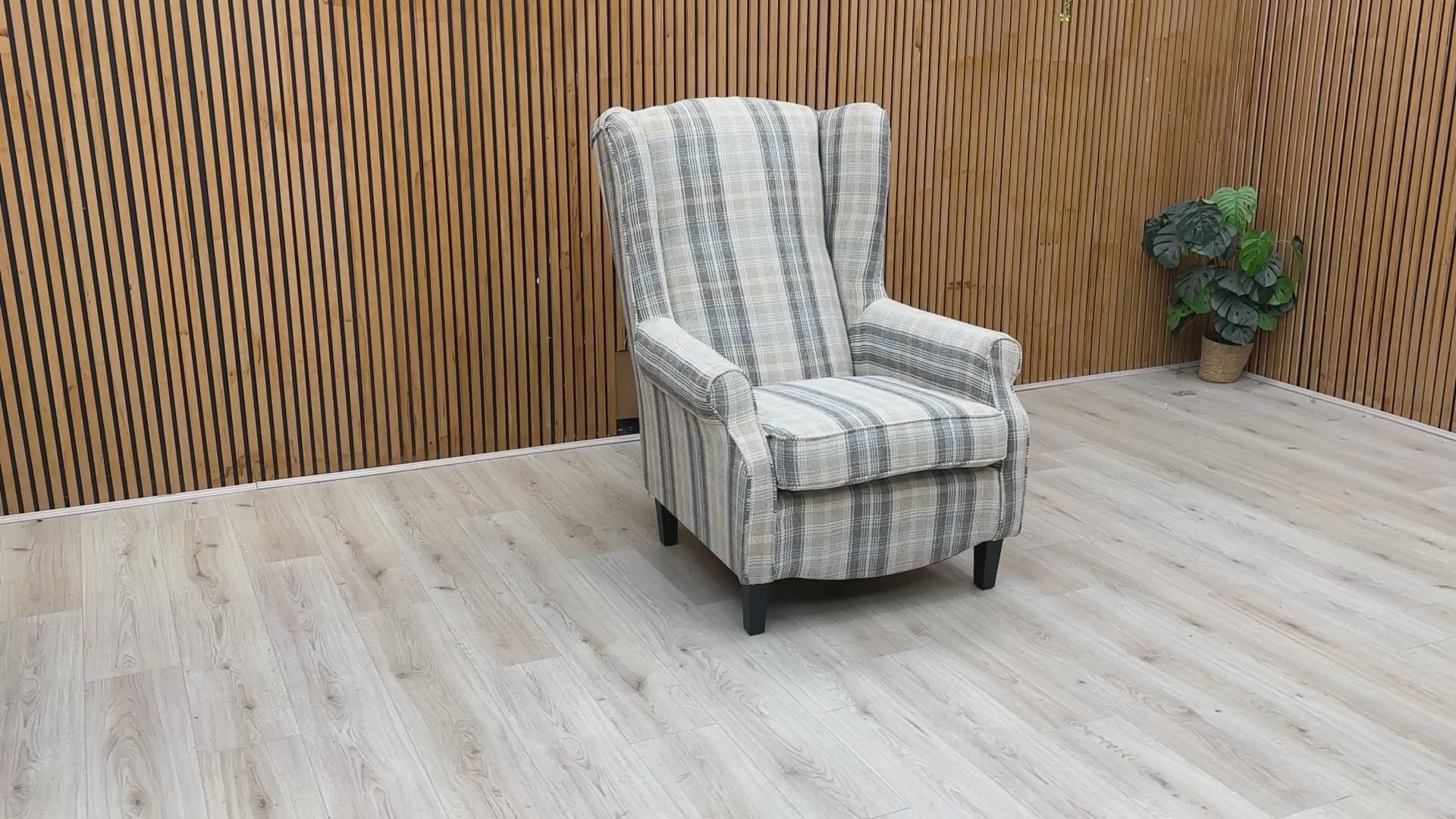 Product video tour of the ‘Shirley’ Taupe and Grey Accent Chair, demonstrating the fabric texture, high back support, and overall build quality.