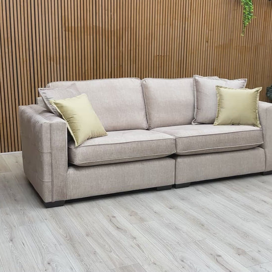 Video showing the scale and soft velvet fabric of the Chelsea 4 seater split frame sofa from multiple angles.