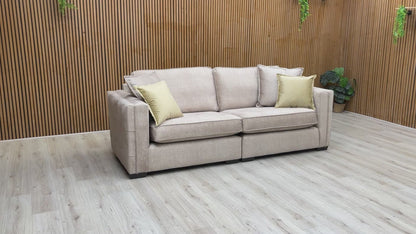 Video showing the scale and soft velvet fabric of the Chelsea 4 seater split frame sofa from multiple angles.