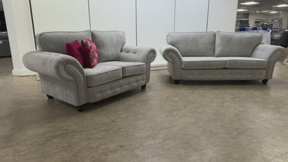 ‘Crompton’ Silver Chenille Fabric Chesterfield 3 + 2 Seater Sofa Set