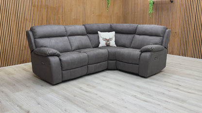 Product video tour of the ‘Moreno’ Grey Suede Fabric Power Recliner Corner Sofa, demonstrating the reclining functionality and fabric texture.