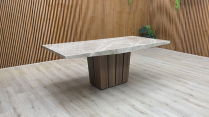 video for a product video demonstrating the marble finish and solid oak base of the Stone International 'Empire' Dining Table.