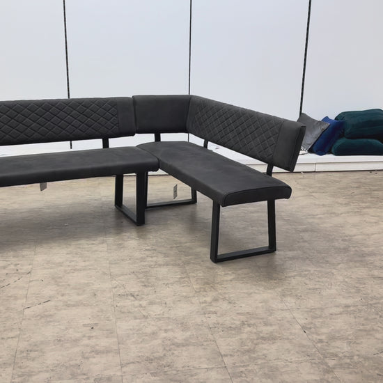 Video showcasing the 360-degree view and fabric texture of the ‘Warrior’ grey fabric corner bench.