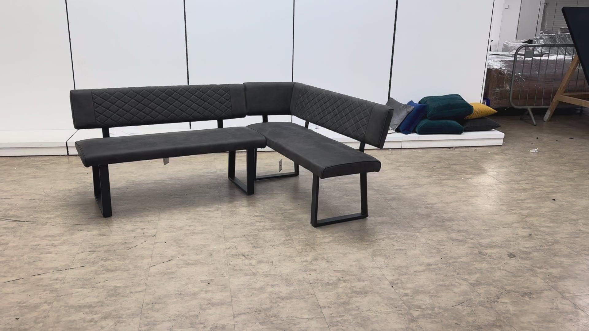 Video showcasing the 360-degree view and fabric texture of the ‘Warrior’ grey fabric corner bench.