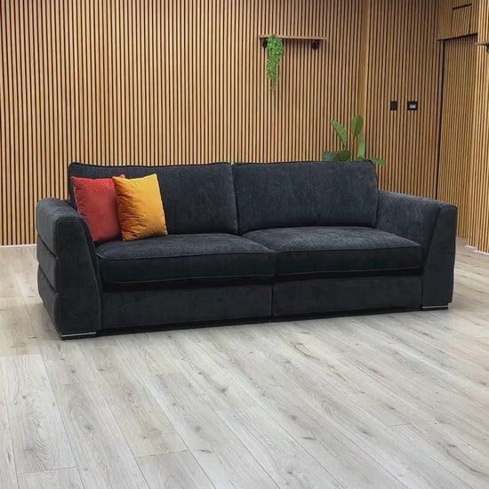 Video Of ‘Belissimo Mirage’ grand 4-seater traditional split-frame sofa, beautifully upholstered in a luxurious black and silver patterned classic fabric blend.
