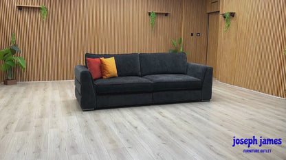 Video Of ‘Belissimo Mirage’ grand 4-seater traditional split-frame sofa, beautifully upholstered in a luxurious black and silver patterned classic fabric blend.