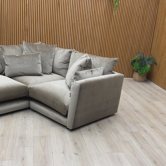 Product walkthrough video showcasing the 'Ponti' corner sofa's tactile velvet fabric, structured frame, and spacious corner configuration.
