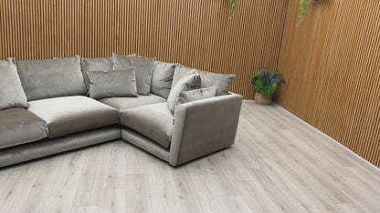 Product walkthrough video showcasing the 'Ponti' corner sofa's tactile velvet fabric, structured frame, and spacious corner configuration.