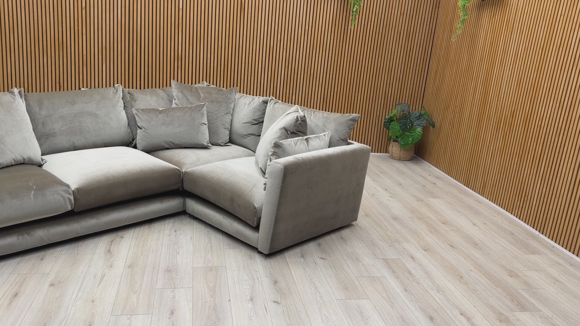 Product walkthrough video showcasing the 'Ponti' corner sofa's tactile velvet fabric, structured frame, and spacious corner configuration.