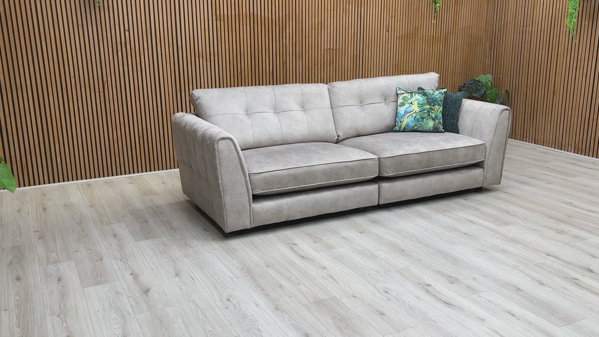 Video demonstration showing the Mariah sofa's scale, fabric texture, and split frame construction.