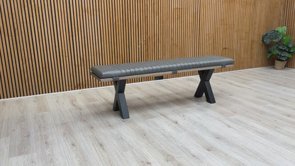 Video walkaround of the bench, showing the texture of the wood and the faux leather seating pad.
