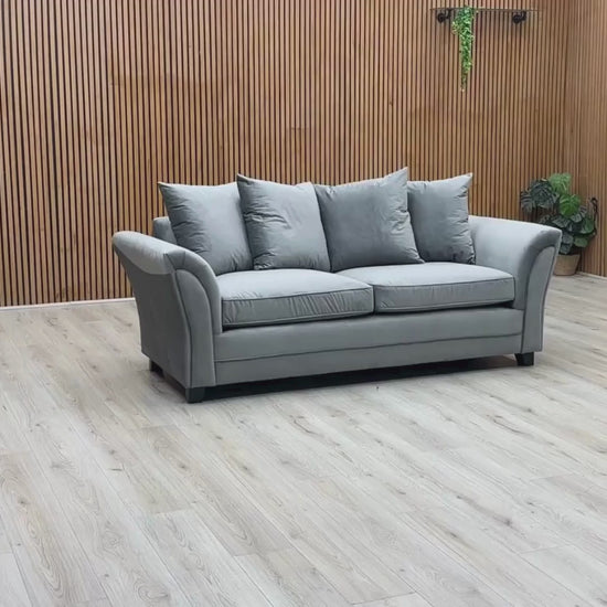 Video Of ‘Leila’ contemporary 3-seater sofa, beautifully tailored in a sophisticated, textured Grey fabric upholstery.