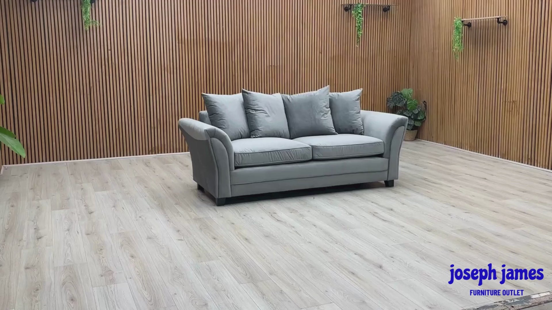 Video Of ‘Leila’ contemporary 3-seater sofa, beautifully tailored in a sophisticated, textured Grey fabric upholstery.