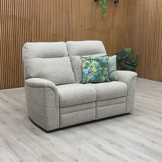 Product video tour of the Parker Knoll ‘Hudson’ Dash Oatmeal Fabric 2-Seater Sofa, demonstrating cushion resilience, fabric texture, and overall frame sturdiness.