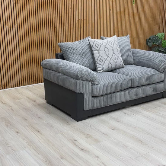 Video tour of the ‘Marissa’ Grey Jumbo Cord Sofa, showing the tactile quality of the fabric and the overall comfort of the seating.