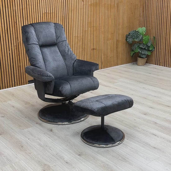 Video demonstration showing the 360-degree swivel mechanism and the plush comfort of the high-back velvet chair and footstool.