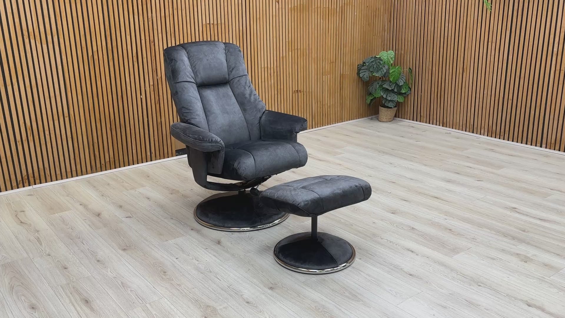 Video demonstration showing the 360-degree swivel mechanism and the plush comfort of the high-back velvet chair and footstool.