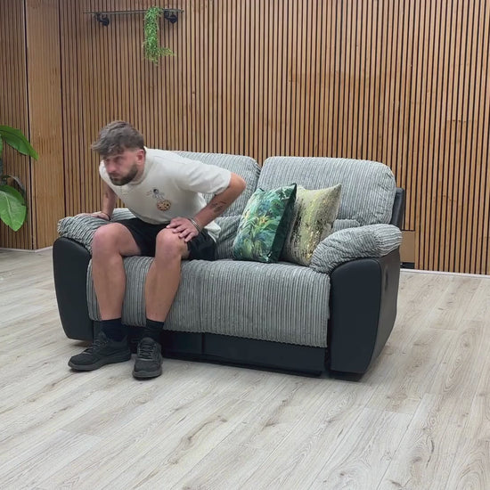 Video Of ‘Sienna’ contemporary 2-seater recliner sofa, beautifully tailored in ultra-soft, thick Grey Jumbo Cord fabric.