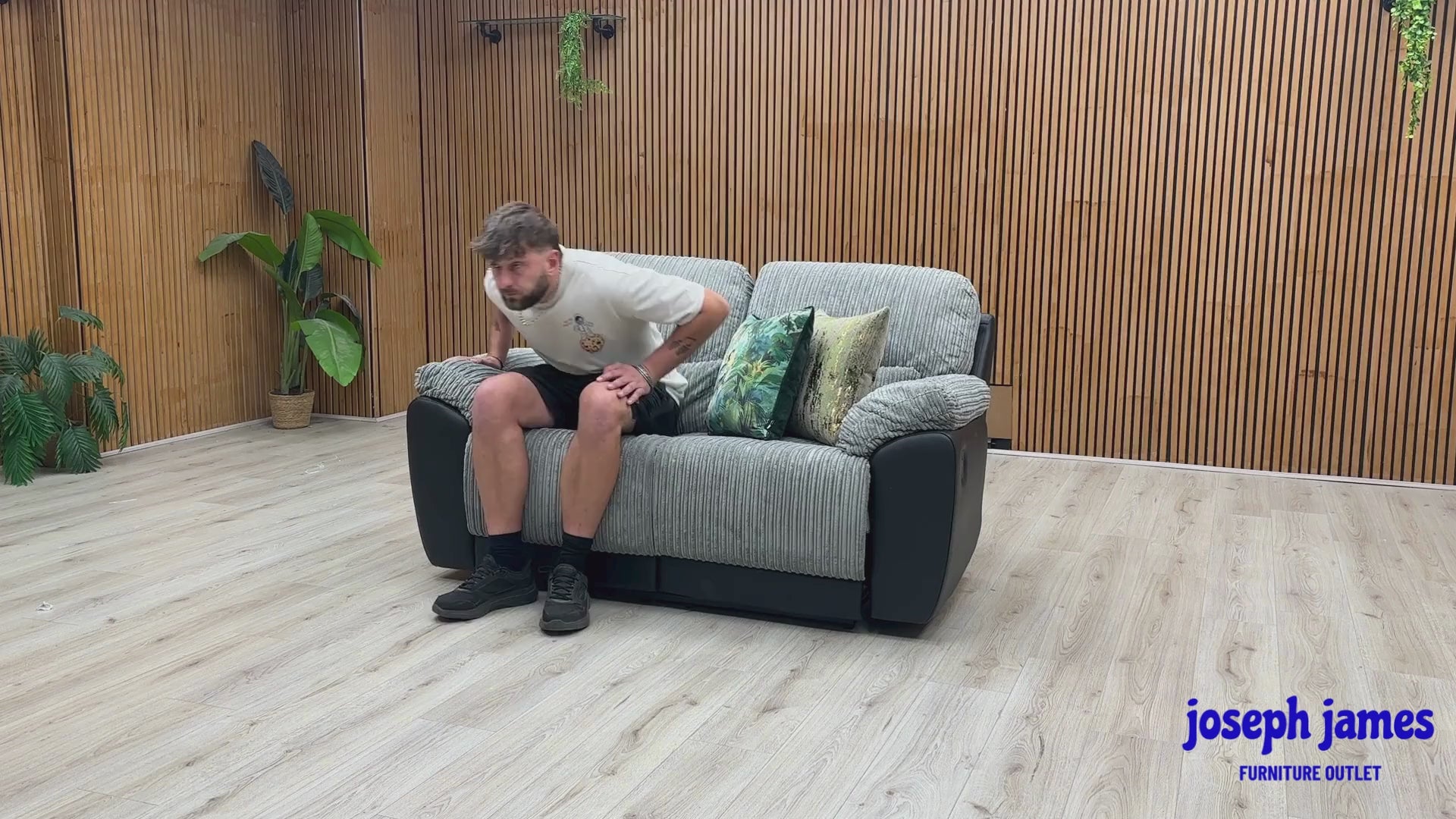 Video Of ‘Sienna’ contemporary 2-seater recliner sofa, beautifully tailored in ultra-soft, thick Grey Jumbo Cord fabric.