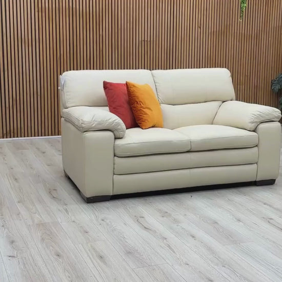 Video Of ‘World of Leather Cozee’ contemporary 2-seater stationary sofa, beautifully upholstered in high-grade BV-862C Bisque Cream pure premium leather.