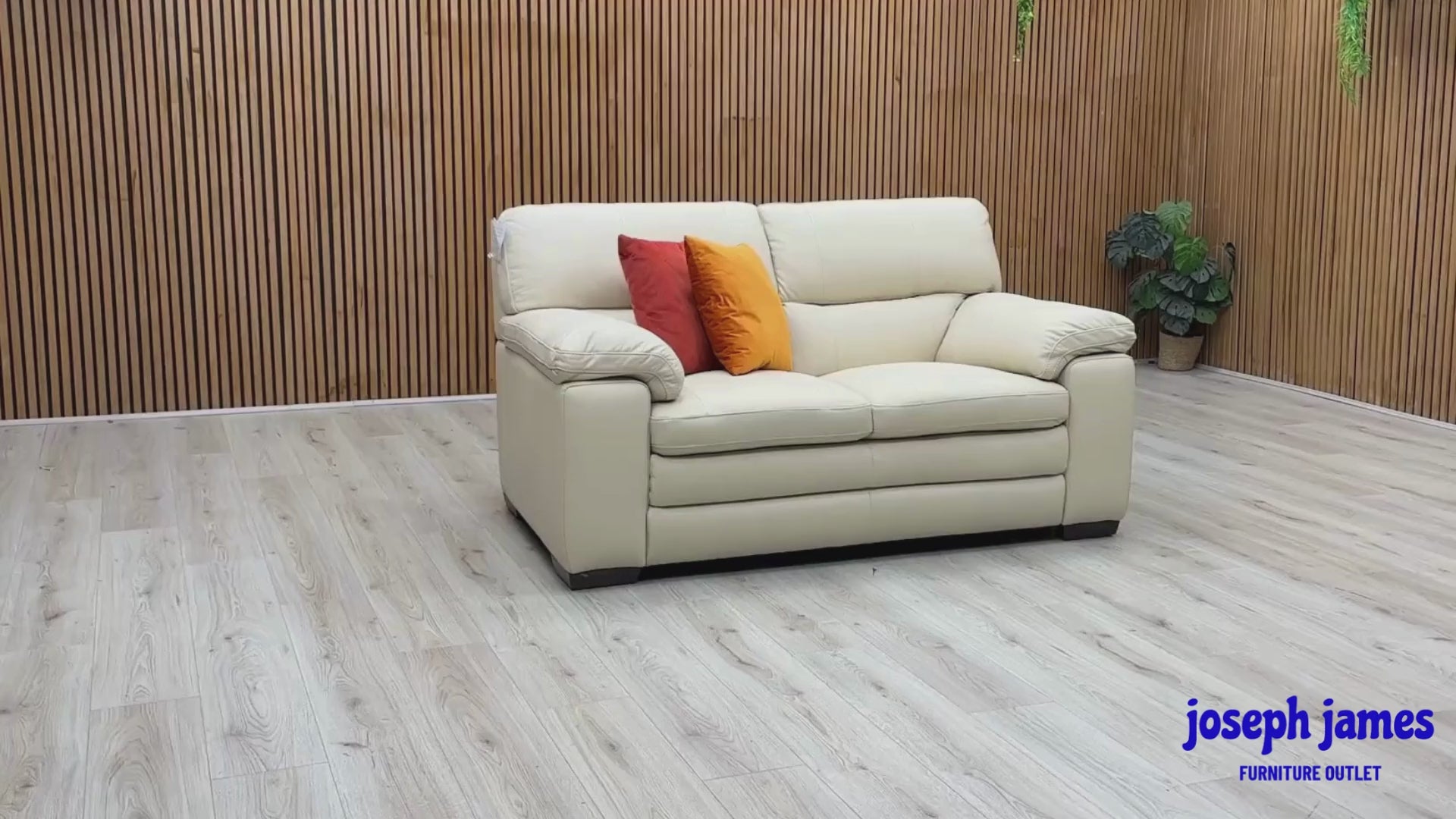 Video Of ‘World of Leather Cozee’ contemporary 2-seater stationary sofa, beautifully upholstered in high-grade BV-862C Bisque Cream pure premium leather.