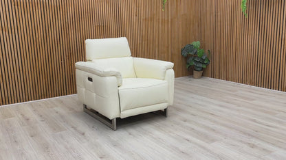 ‘Moet' Cat-40/13 Cotton White Leather Power Recliner Chair with Telescopic Headrest