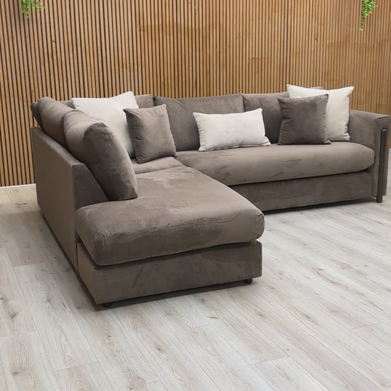 Video walk-around of the Barney espresso brown chaise sofa, demonstrating the seating depth and contemporary silhouette.