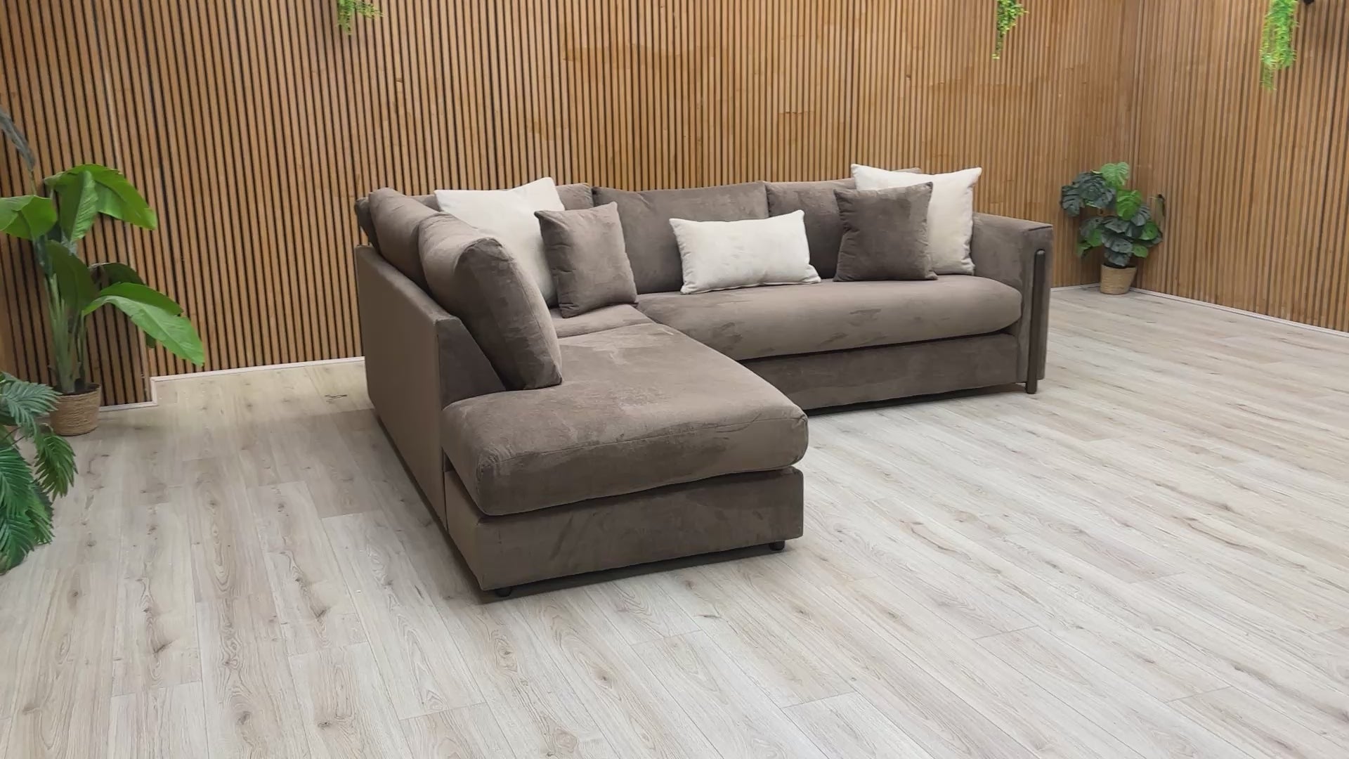 Video walk-around of the Barney espresso brown chaise sofa, demonstrating the seating depth and contemporary silhouette.