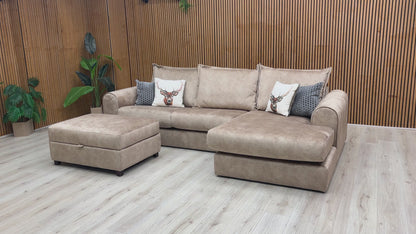 'Serenis' Caramel Rest Velvet Right Hand Facing 3 Seater Chaise Sofa + Large Storage Footstool