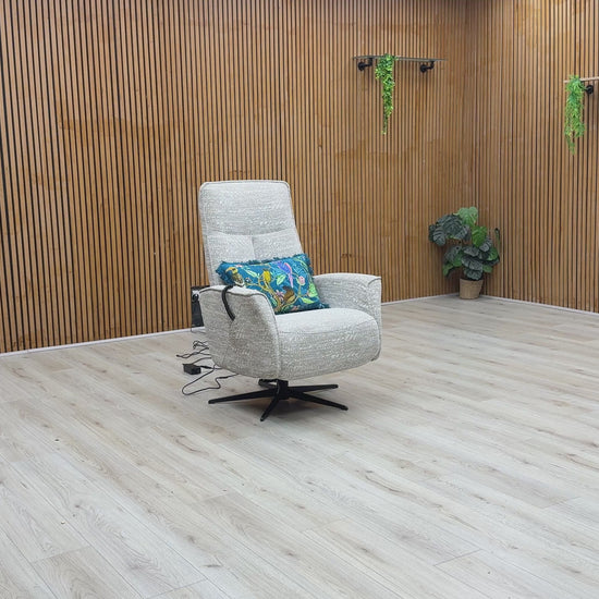 Product video tour of the G Plan ‘Maribo’ Maddox Smoke Fabric Lift and Rise Power Recliner, demonstrating its smooth lifting and reclining operations, power headrest adjustment, and high-quality build.