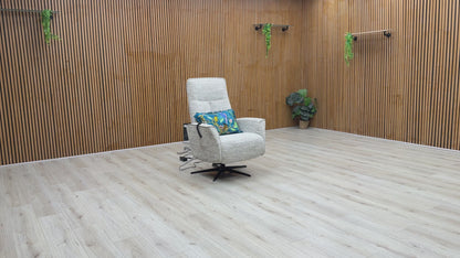 Product video tour of the G Plan ‘Maribo’ Maddox Smoke Fabric Lift and Rise Power Recliner, demonstrating its smooth lifting and reclining operations, power headrest adjustment, and high-quality build.