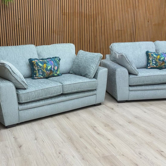 Video walkaround of the Sofology 'Chalfont' sofa set, detailing the fabric texture and luxurious cushioning.