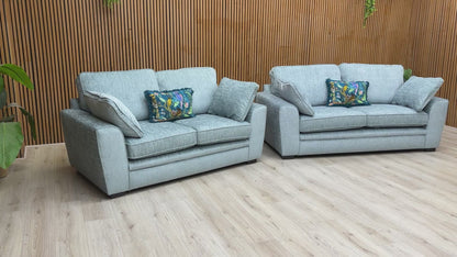 Video walkaround of the Sofology 'Chalfont' sofa set, detailing the fabric texture and luxurious cushioning.
