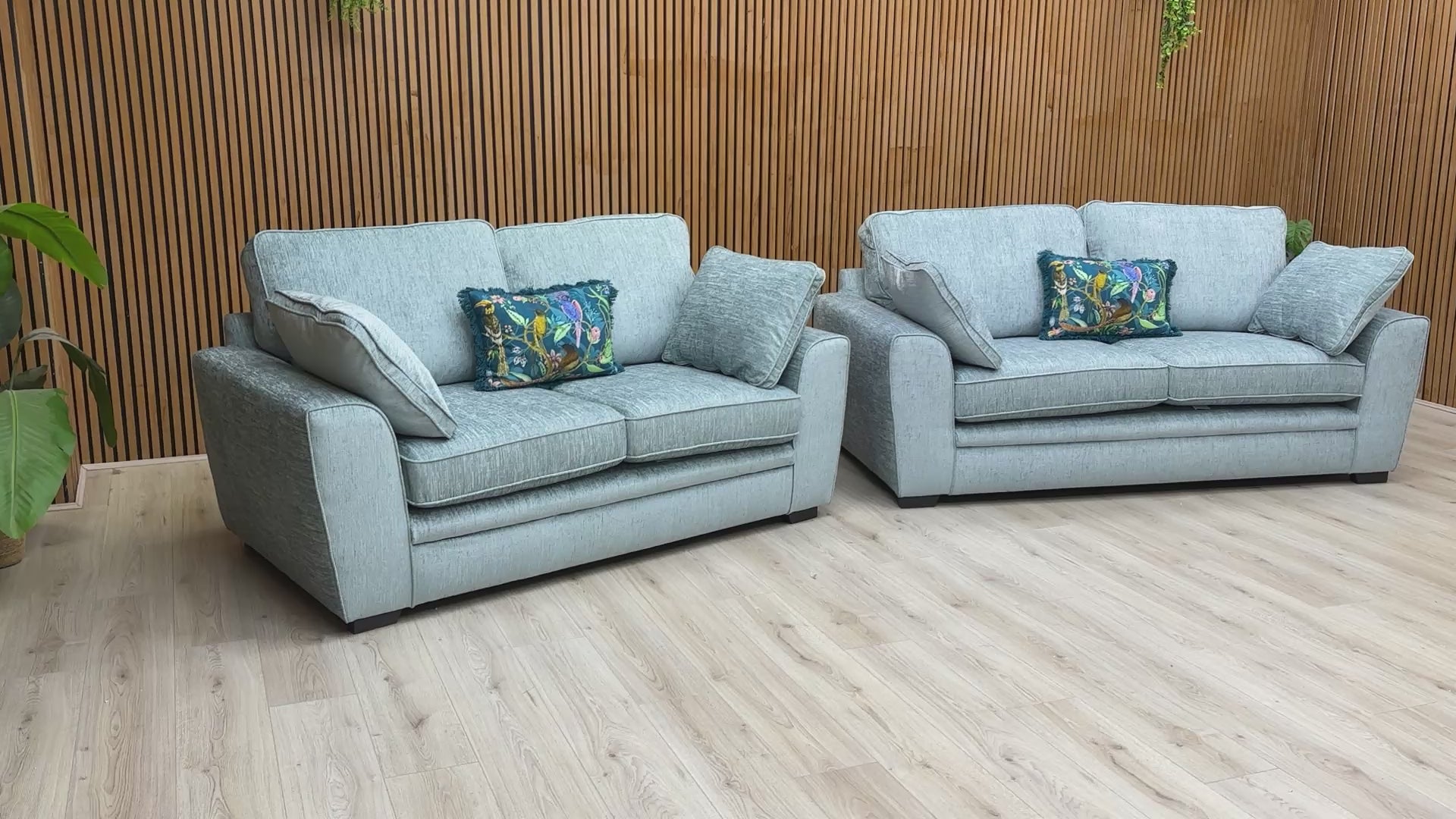 Video walkaround of the Sofology 'Chalfont' sofa set, detailing the fabric texture and luxurious cushioning.