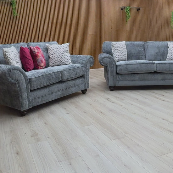 Video preview image for the product, demonstrating the size, fabric, and overall features of the 'Clara' Bluish Grey Woven Fabric 3 + 2 Seater Sofa Set.