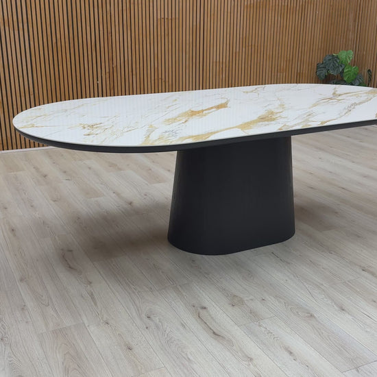 Video thumbnail for a clip demonstrating the scale, materials, and overall sophisticated design of the 'Allegra' ceramic dining table.