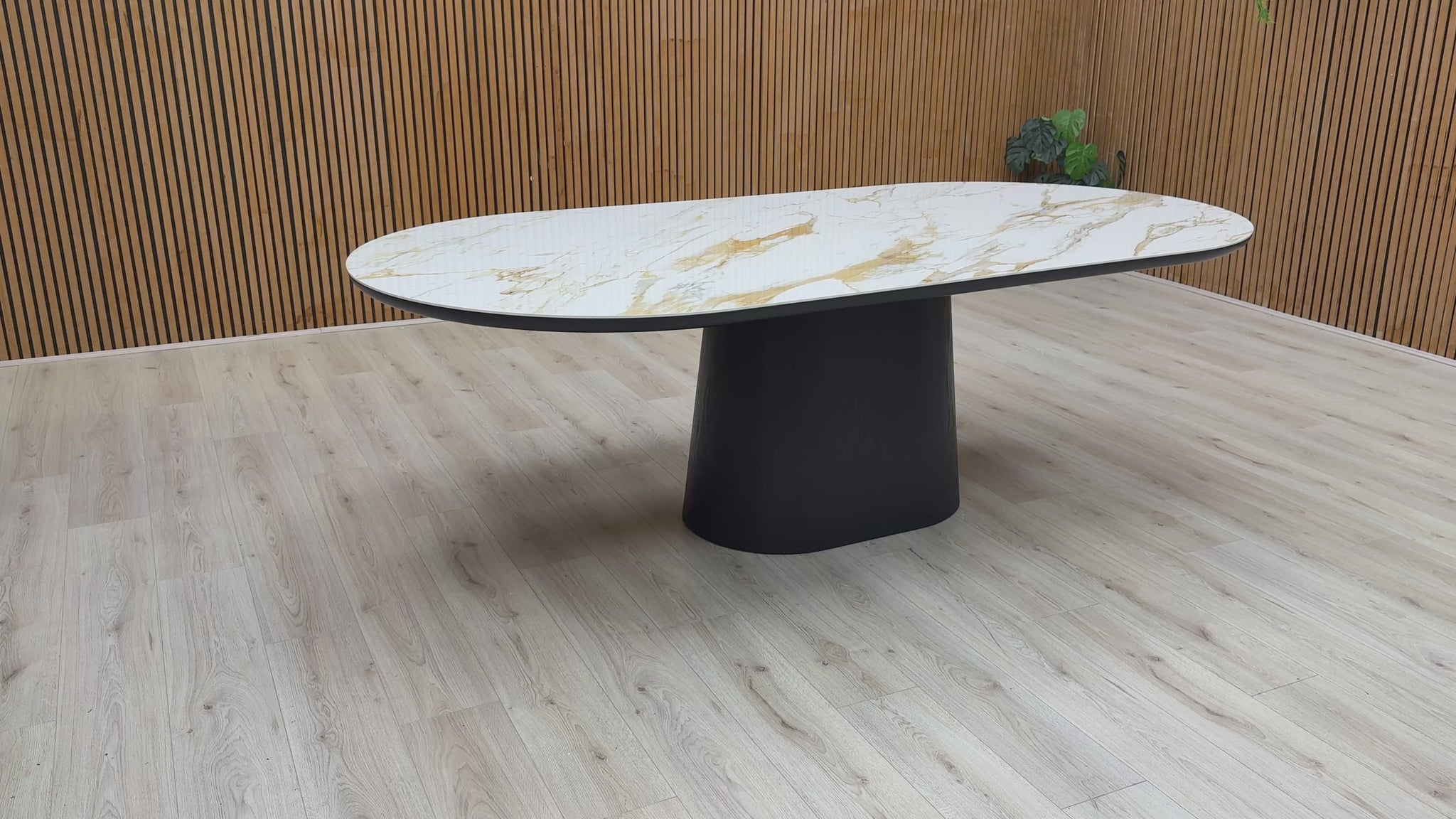 Video thumbnail for a clip demonstrating the scale, materials, and overall sophisticated design of the 'Allegra' ceramic dining table.