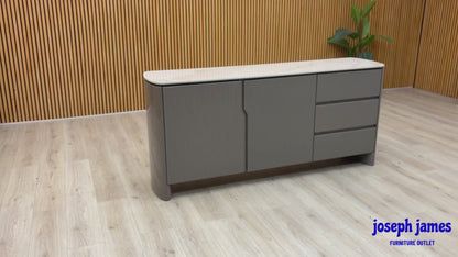 ‘Ivy’ High Gloss Grey Finish White Ceramic Top Large 2 Door 3 Drawer Sideboard