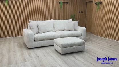 'Pandora' Chevron Ivory White Fabric 4 Seater Split Frame Sofa + Large Storage Footstool