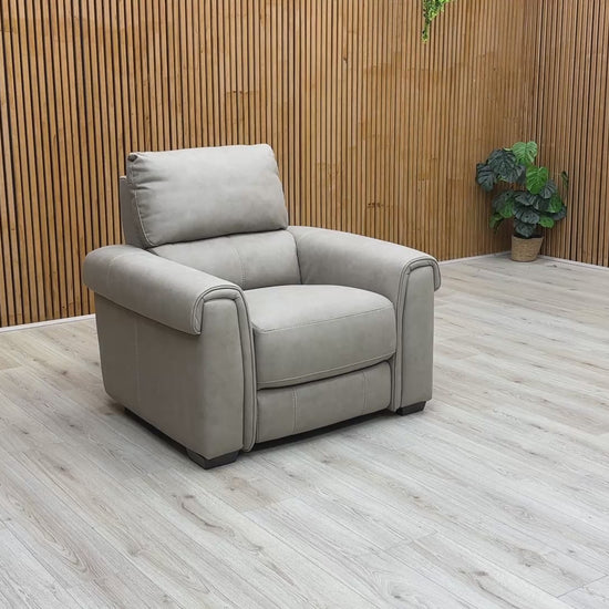 Video  view of the back of the Marble Taupe Suede Power Recliner Chair.
