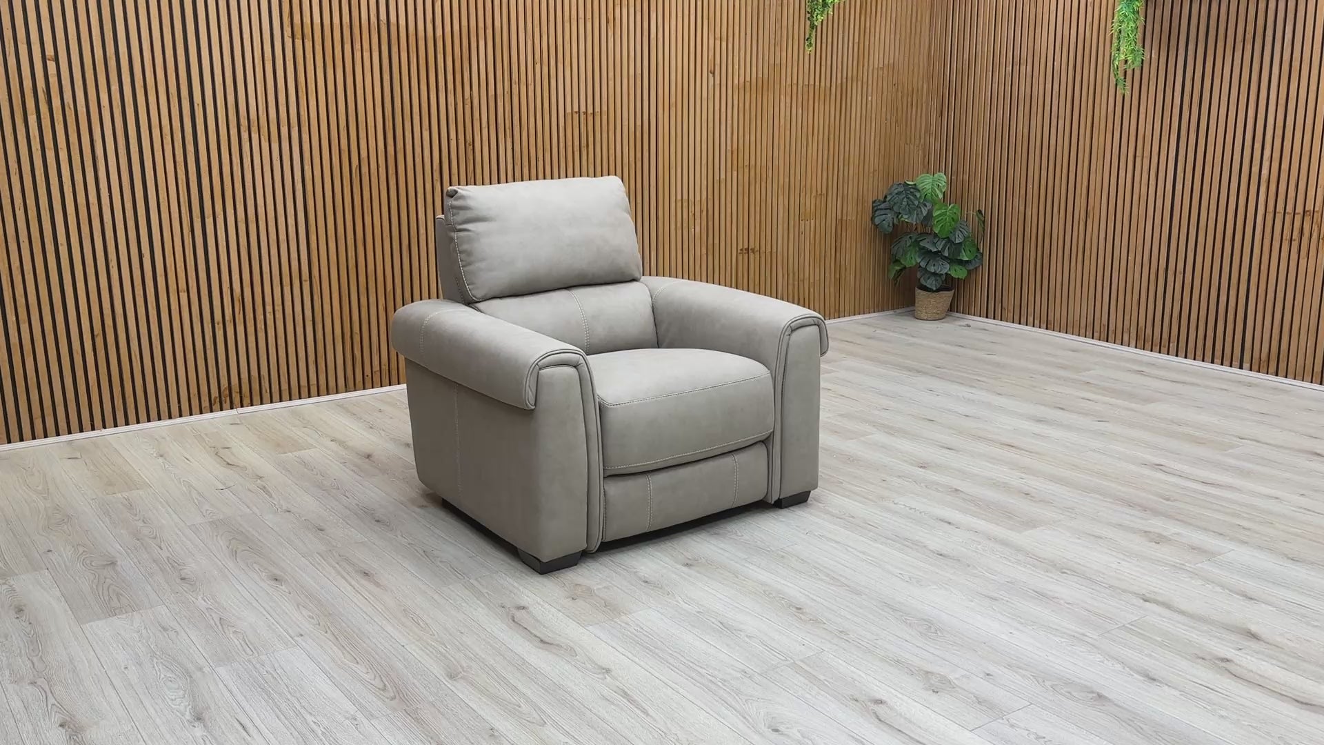 Video  view of the back of the Marble Taupe Suede Power Recliner Chair.
