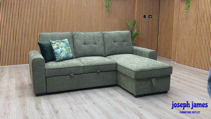‘Terry’ Sage Green Fabric Reversible Corner Sofa Bed with Storage Chaise