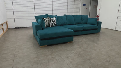 'Plush' Teal Sensual Velvet Pillow Back Left Hand Facing Large Open End Chaise Sofa